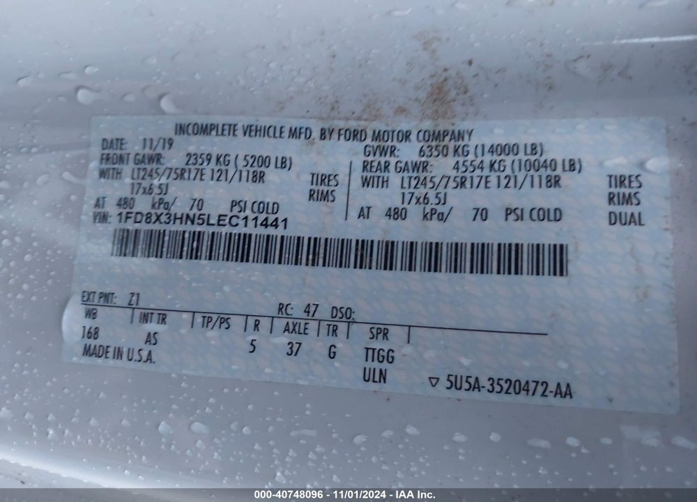 2020 FORD F350 SUPER DUTY VIN: 1FD8X3HN5LEC11441