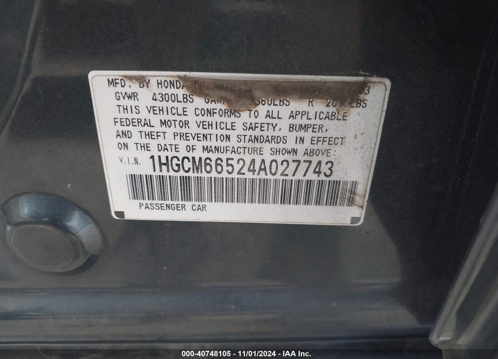 2004 HONDA ACCORD 3.0 EX VIN: 1HGCM66524A027743