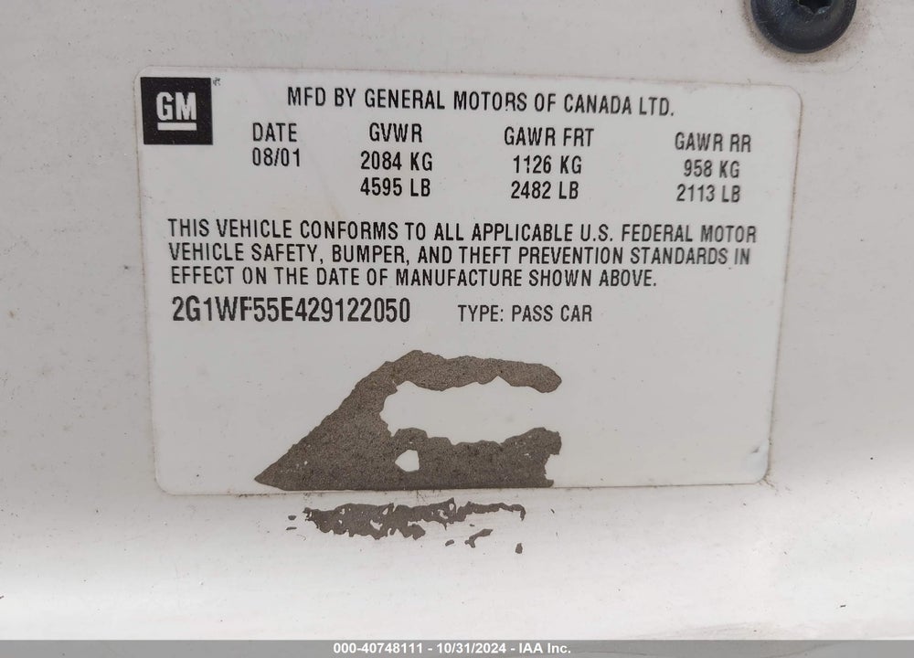 2002 CHEVROLET IMPALA VIN: 2G1WF55E429122050