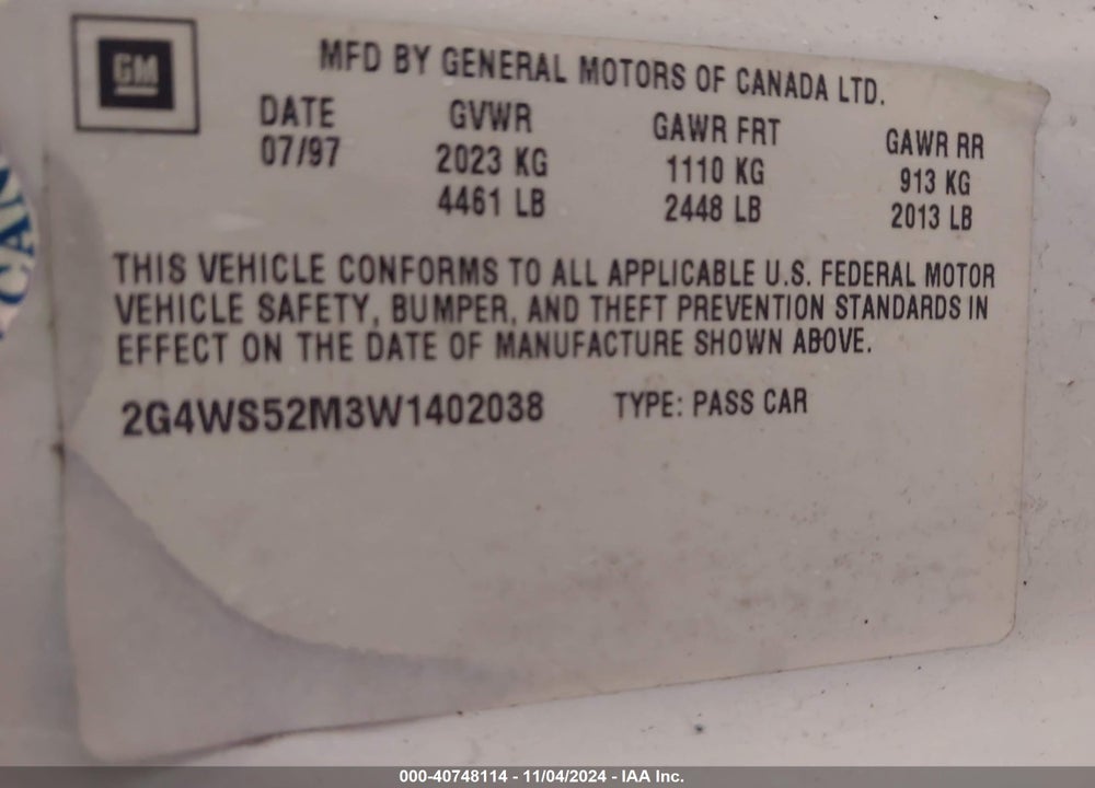 1998 BUICK CENTURY CUSTOM VIN: 2G4WS52M3W1402038