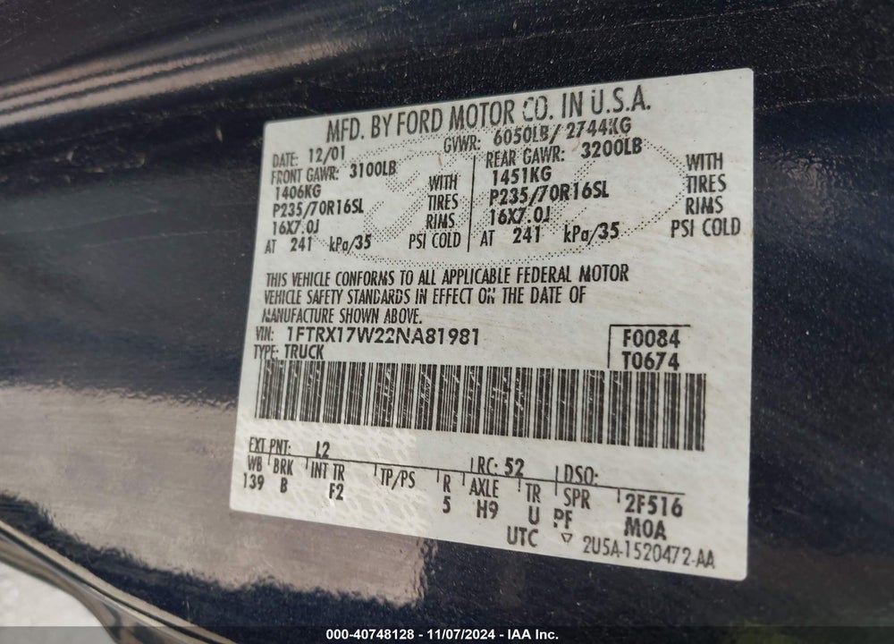 2002 FORD F-150 LARIAT/XL/XLT VIN: 1FTRX17W22NA81981