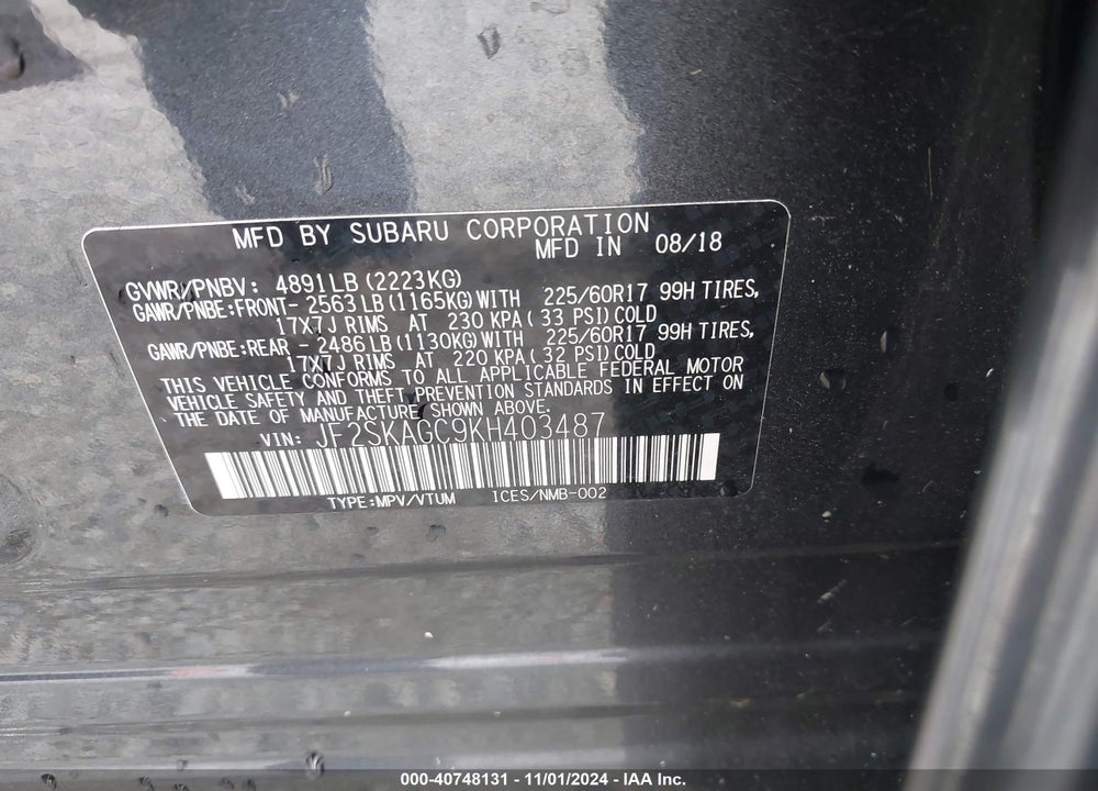 2019 SUBARU FORESTER PREMIUM VIN: JF2SKAGC9KH403487