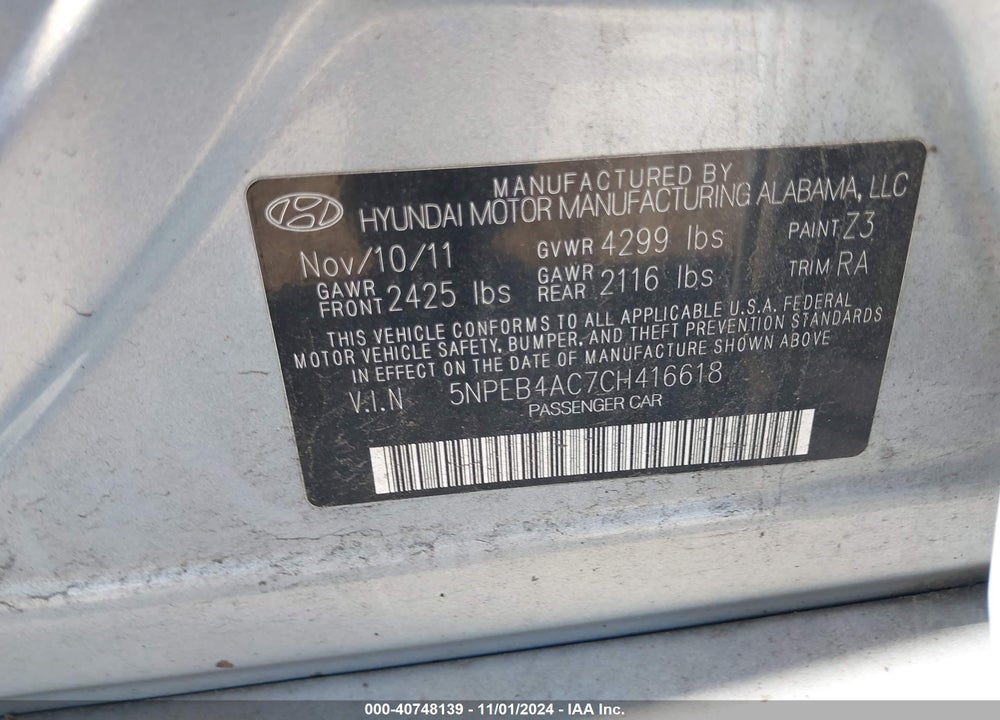 2012 HYUNDAI SONATA GLS VIN: 5NPEB4AC7CH416618