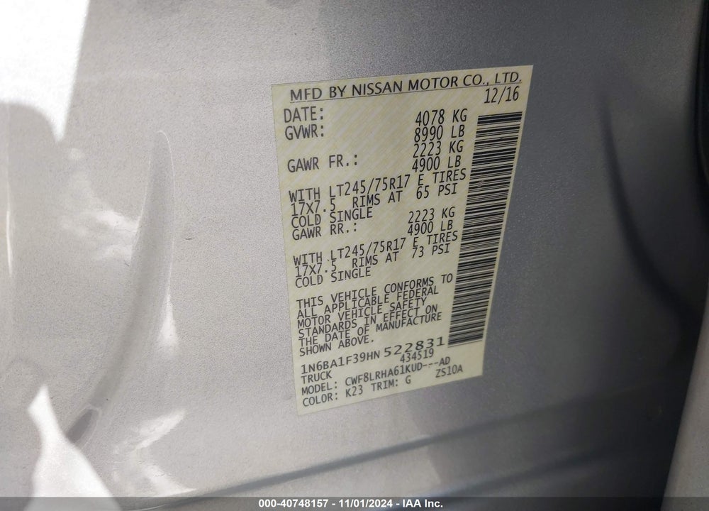 2017 NISSAN TITAN XD S DIESEL VIN: 1N6BA1F39HN522831