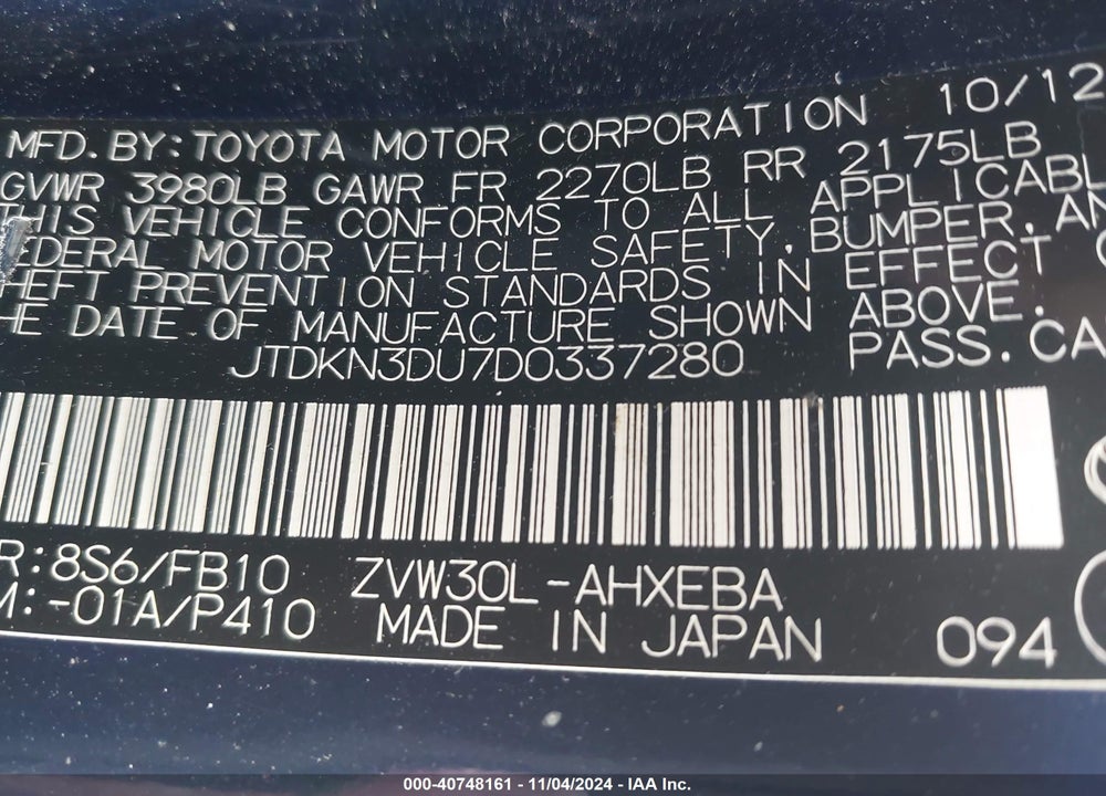 2013 TOYOTA PRIUS THREE VIN: JTDKN3DU7D0337280