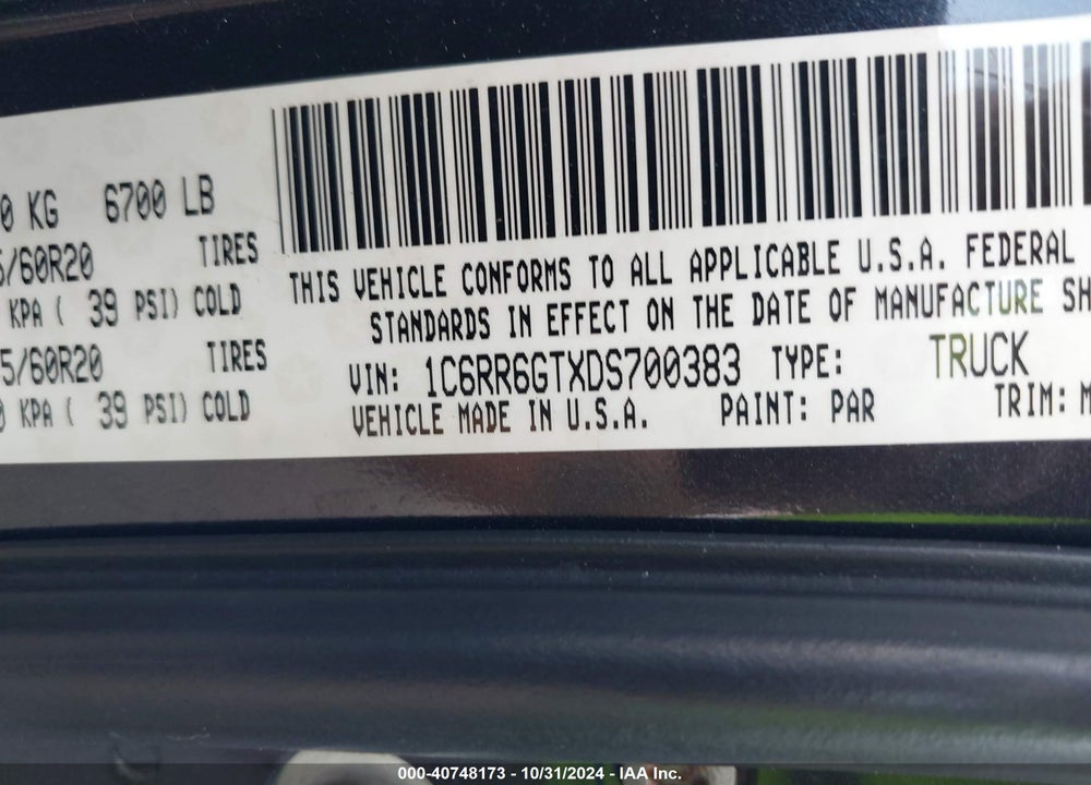 2013 RAM 1500 BIG HORN VIN: 1C6RR6GTXDS700383