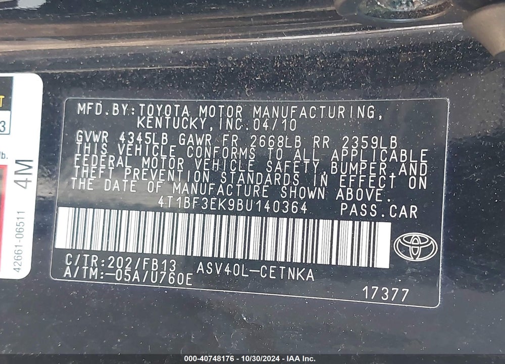 2011 TOYOTA CAMRY LE VIN: 4T1BF3EK9BU140364
