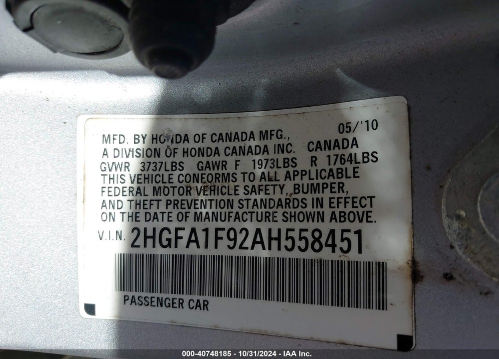 2010 HONDA CIVIC EX-L VIN: 2HGFA1F92AH558451