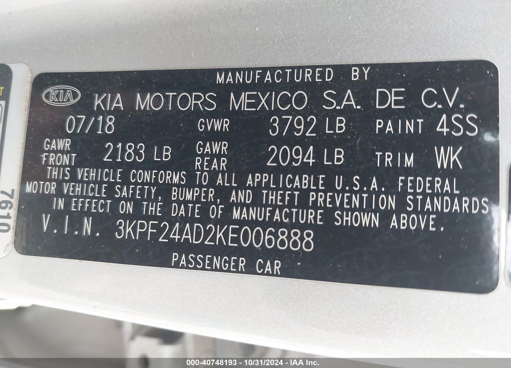 2019 KIA FORTE LXS VIN: 3KPF24AD2KE006888