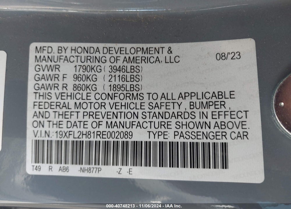 2024 HONDA CIVIC VIN: 19XFL2H81RE002089