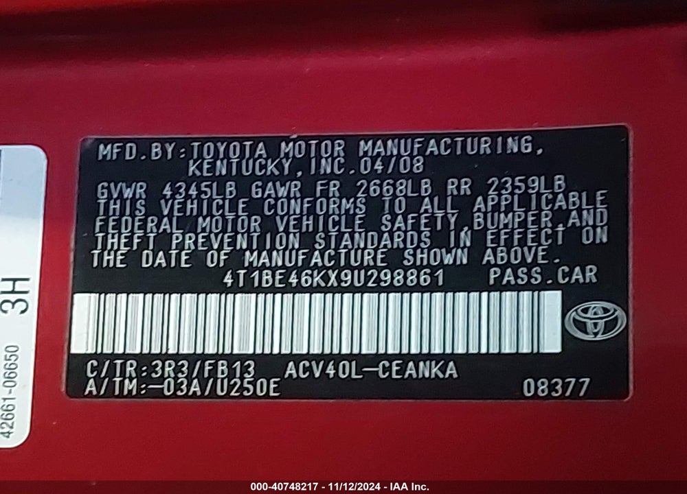 2009 TOYOTA CAMRY LE VIN: 4T1BE46KX9U298861