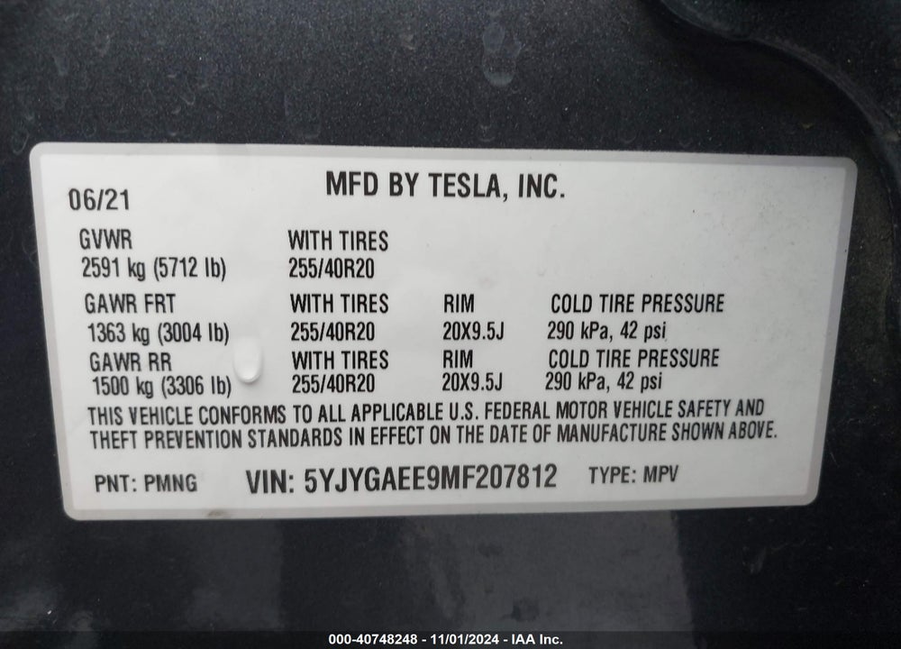 2021 TESLA MODEL Y LONG RANGE DUAL MOTOR ALL-WHEEL DRIVE VIN: 5YJYGAEE9MF207812