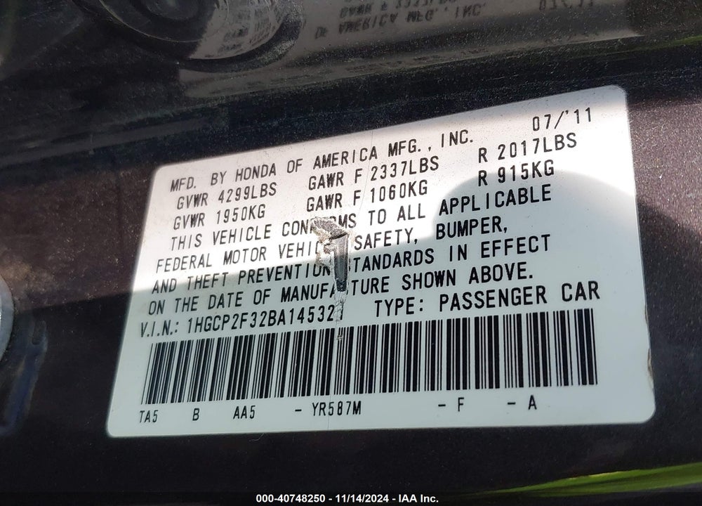 2011 HONDA ACCORD 2.4 LX VIN: 1HGCP2F32BA145321
