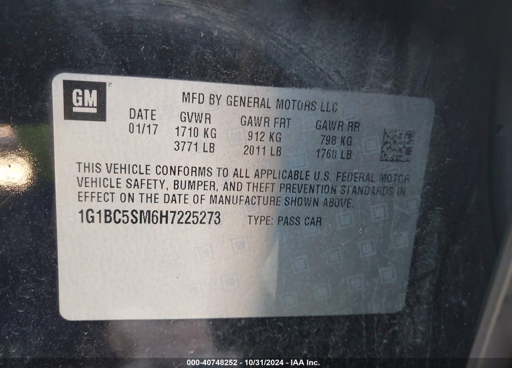 2017 CHEVROLET CRUZE LS AUTO VIN: 1G1BC5SM6H7225273