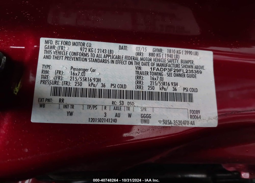 2015 FORD FOCUS SE VIN: 1FADP3F29FL235369