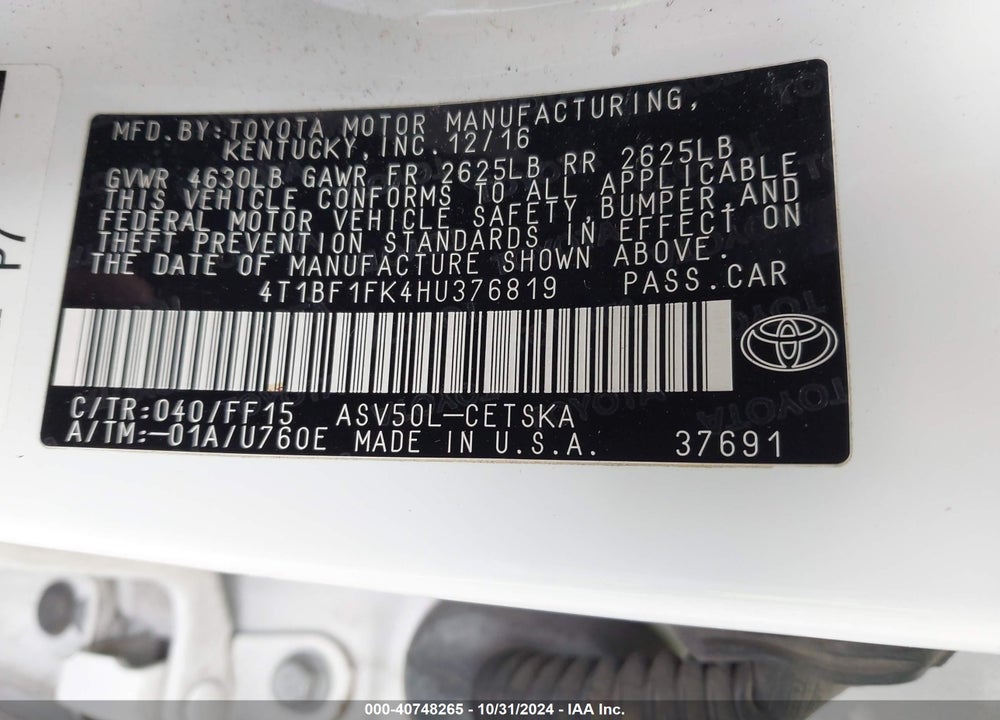 2017 TOYOTA CAMRY SE VIN: 4T1BF1FK4HU376819