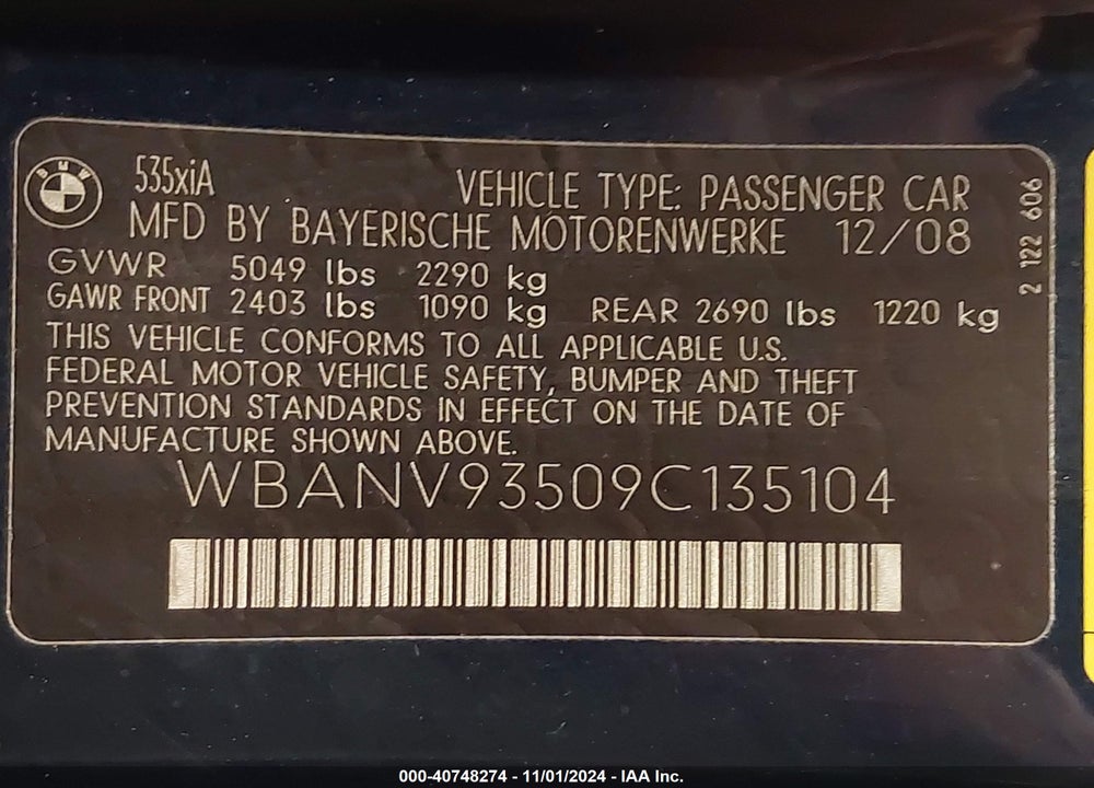 2009 BMW 535I XDRIVE VIN: WBANV93509C135104