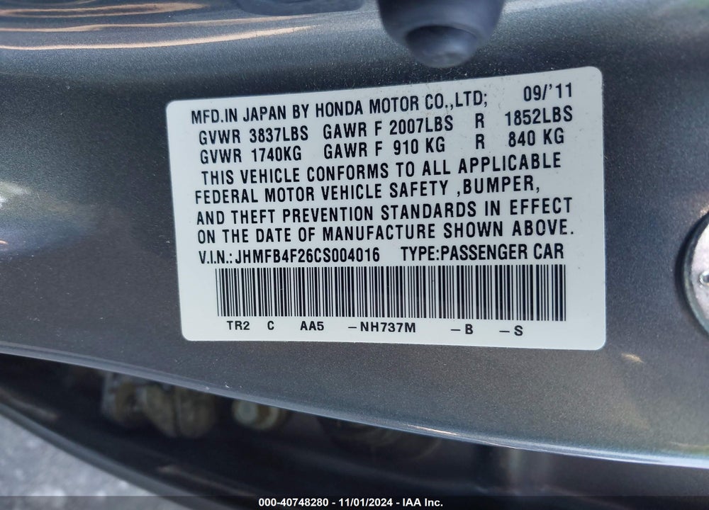 2012 HONDA CIVIC HYBRID VIN: JHMFB4F26CS004016