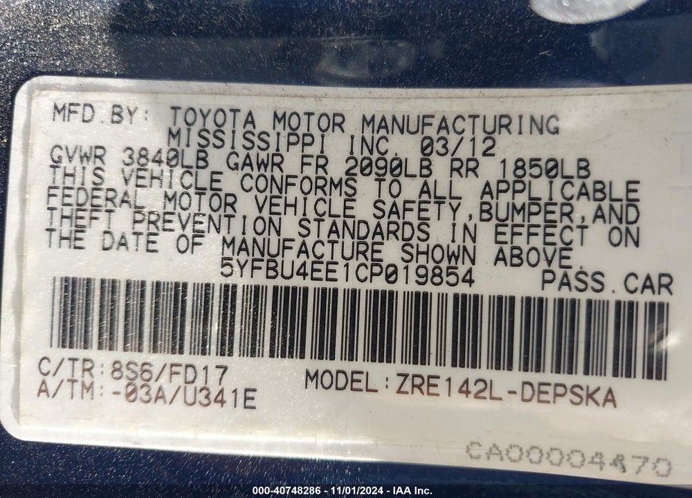 2012 TOYOTA COROLLA S VIN: 5YFBU4EE1CP019854