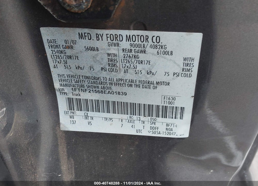 2008 FORD F-250 XL/XLT VIN: 1FTNF21568EA01839