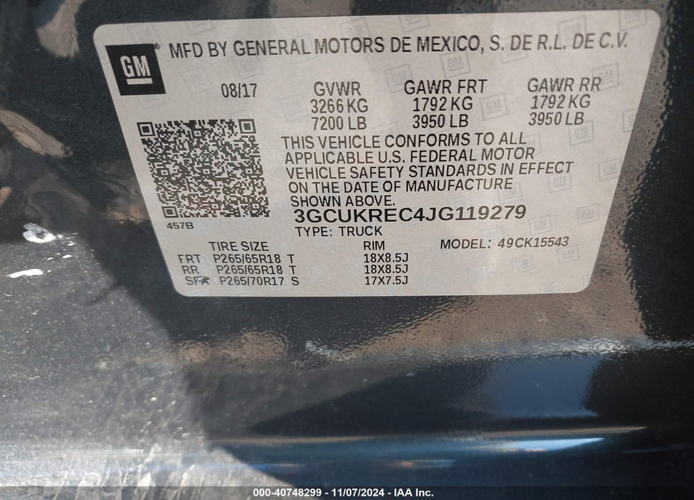 2018 CHEVROLET SILVERADO 1500 VIN: 3GCUKREC4JG119279