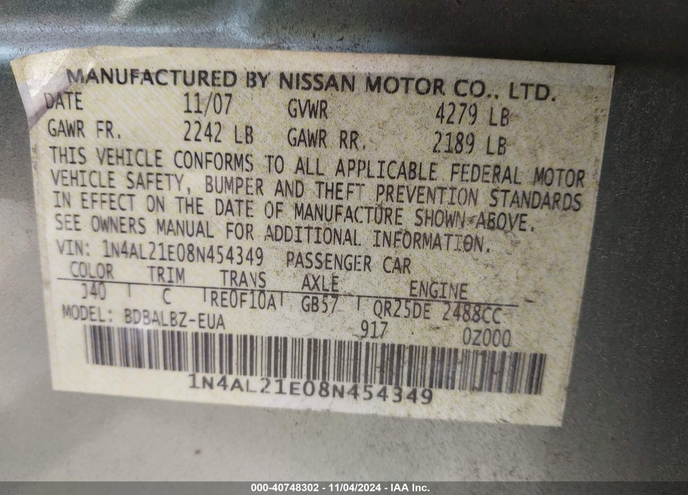 2008 NISSAN ALTIMA 2.5 S VIN: 1N4AL21E08N454349