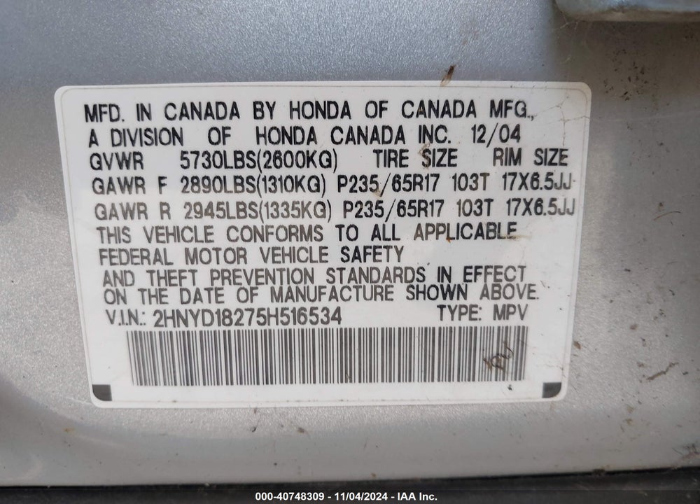 2005 ACURA MDX VIN: 2HNYD18275H516534