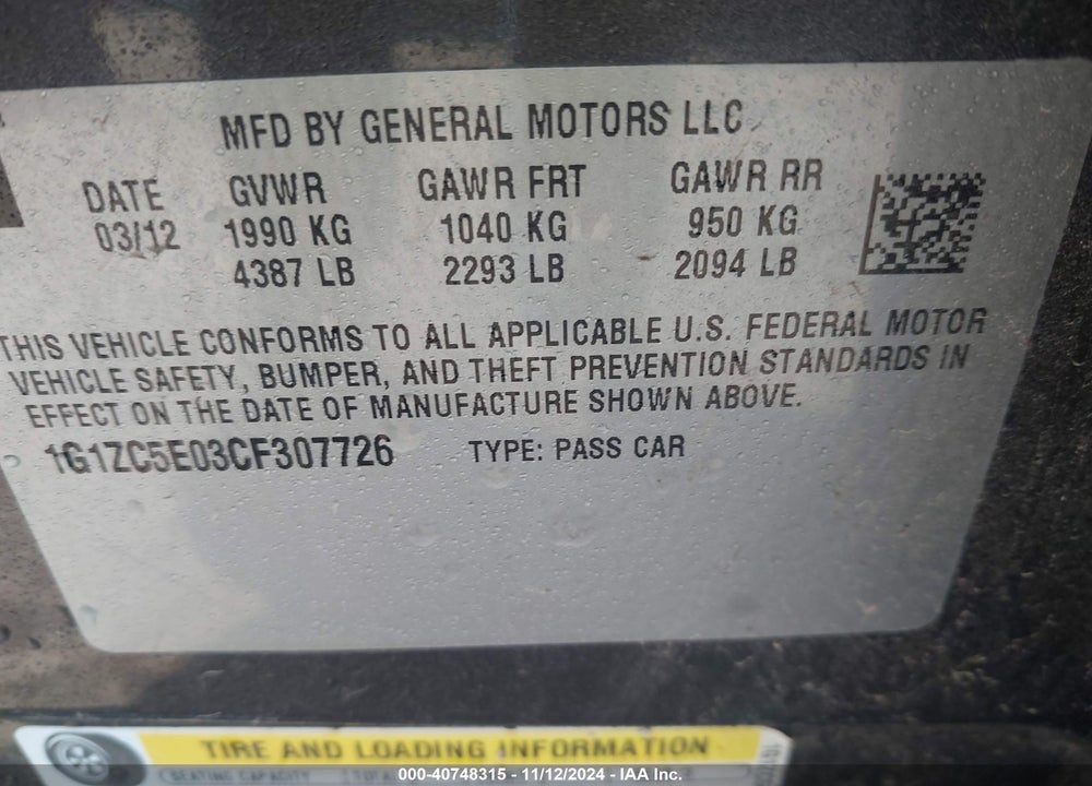 2012 CHEVROLET MALIBU 1LT VIN: 1G1ZC5E03CF307726