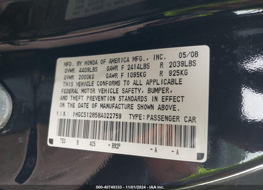 2008 HONDA ACCORD 2.4 EX-L VIN: 1HGCS12858A022759