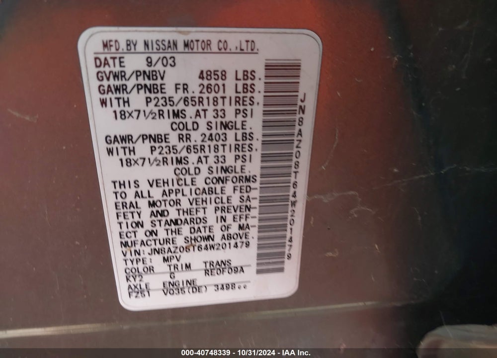 2004 NISSAN MURANO SL VIN: JN8AZ08T64W201479