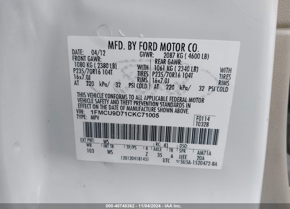 2012 FORD ESCAPE XLT VIN: 1FMCU9D71CKC71005