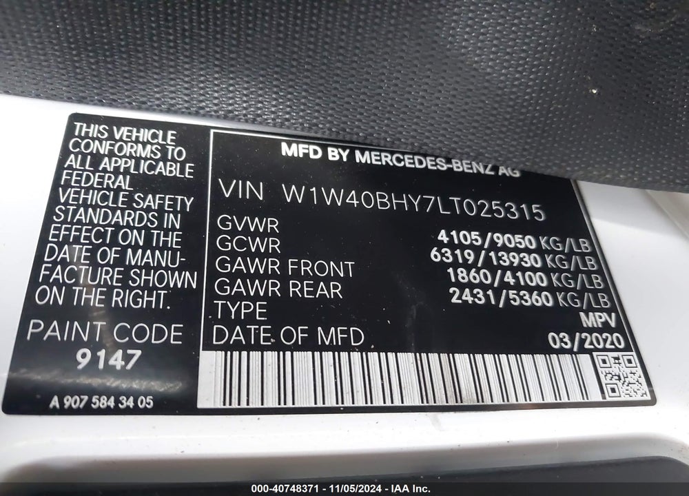 2020 MERCEDES-BENZ SPRINTER 2500 STANDARD ROOF I4 VIN: W1W40BHY7LT025315