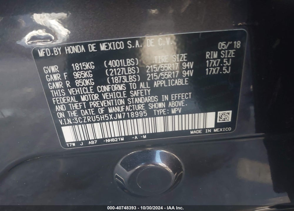 2018 HONDA HR-V EX VIN: 3CZRU5H5XJM718995