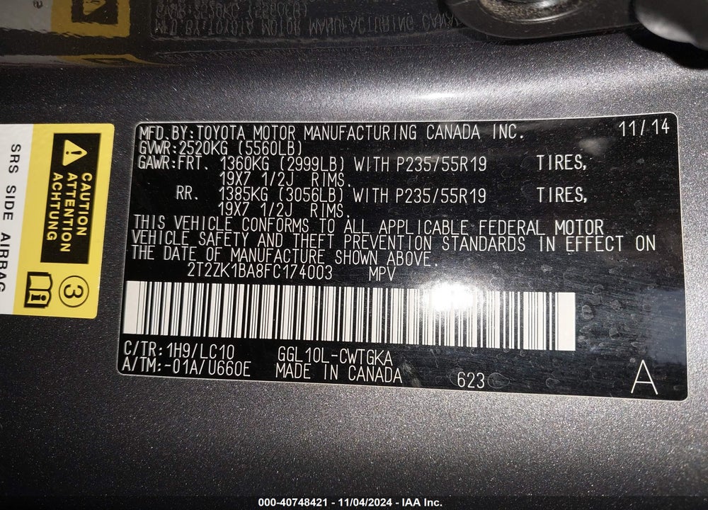 2015 LEXUS RX 350 VIN: 2T2ZK1BA8FC174003