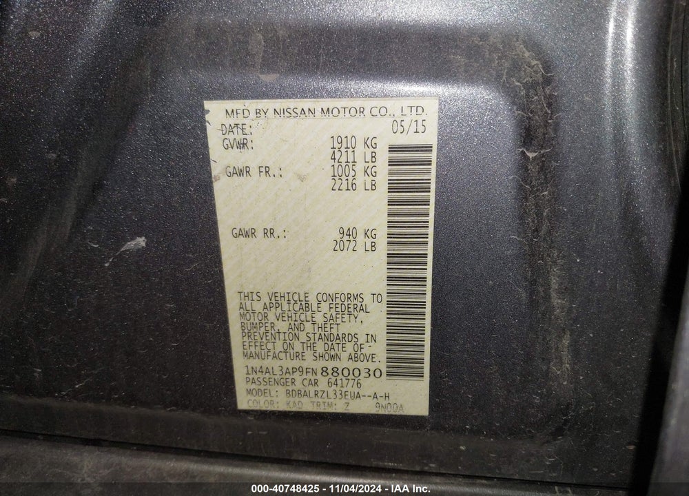 2015 NISSAN ALTIMA 2.5 SL VIN: 1N4AL3AP9FN880030