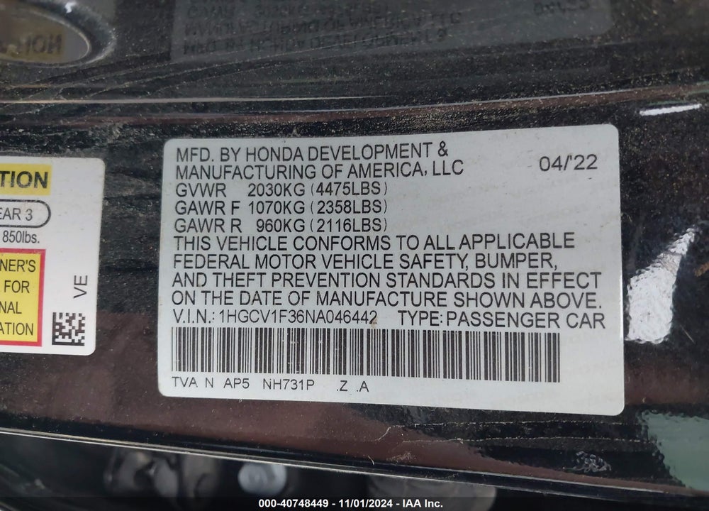 2022 HONDA ACCORD SPORT VIN: 1HGCV1F36NA046442