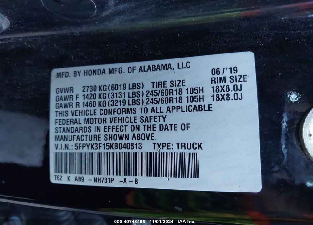 2019 HONDA RIDGELINE SPORT VIN: 5FPYK3F15KB040813