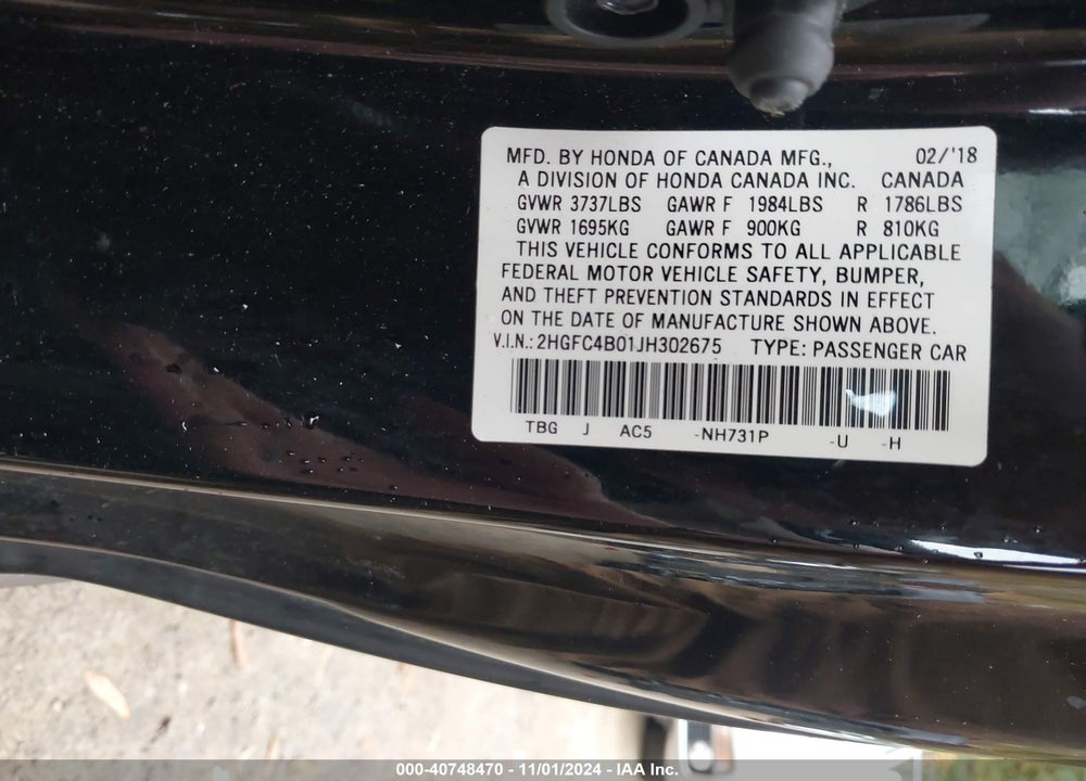 2018 HONDA CIVIC VIN: 2HGFC4B01JH302675