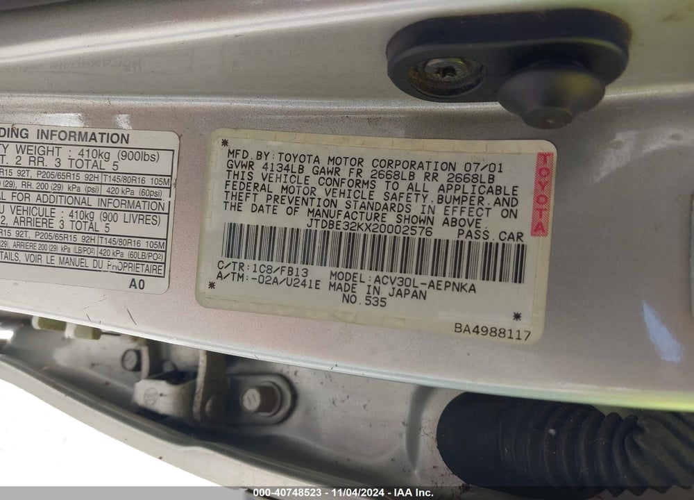 2002 TOYOTA CAMRY LE VIN: JTDBE32KX20002576