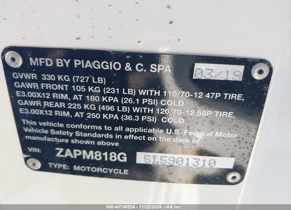 2020 VESPA PRIMAVERA/ VIN: ZAPM818G5L5901310