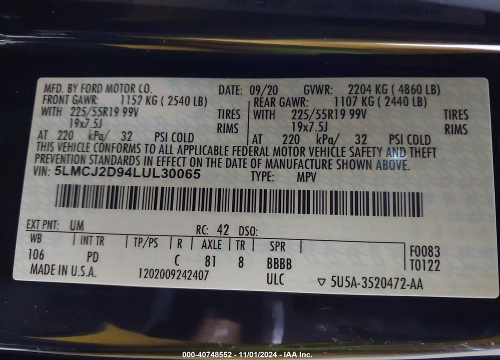 2020 LINCOLN CORSAIR RESERVE VIN: 5LMCJ2D94LUL30065