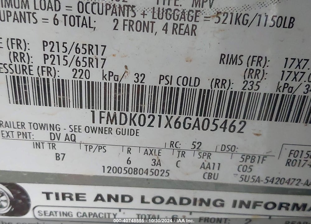 2006 FORD FREESTYLE SEL VIN: 1FMDK021X6GA05462