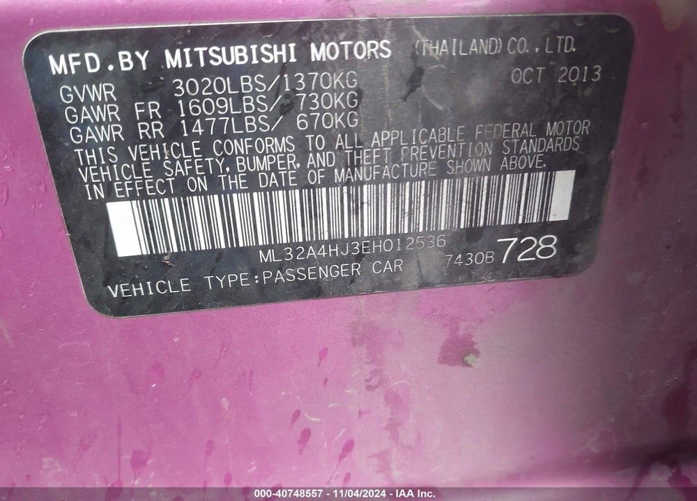 2014 MITSUBISHI MIRAGE ES VIN: ML32A4HJ3EH012536