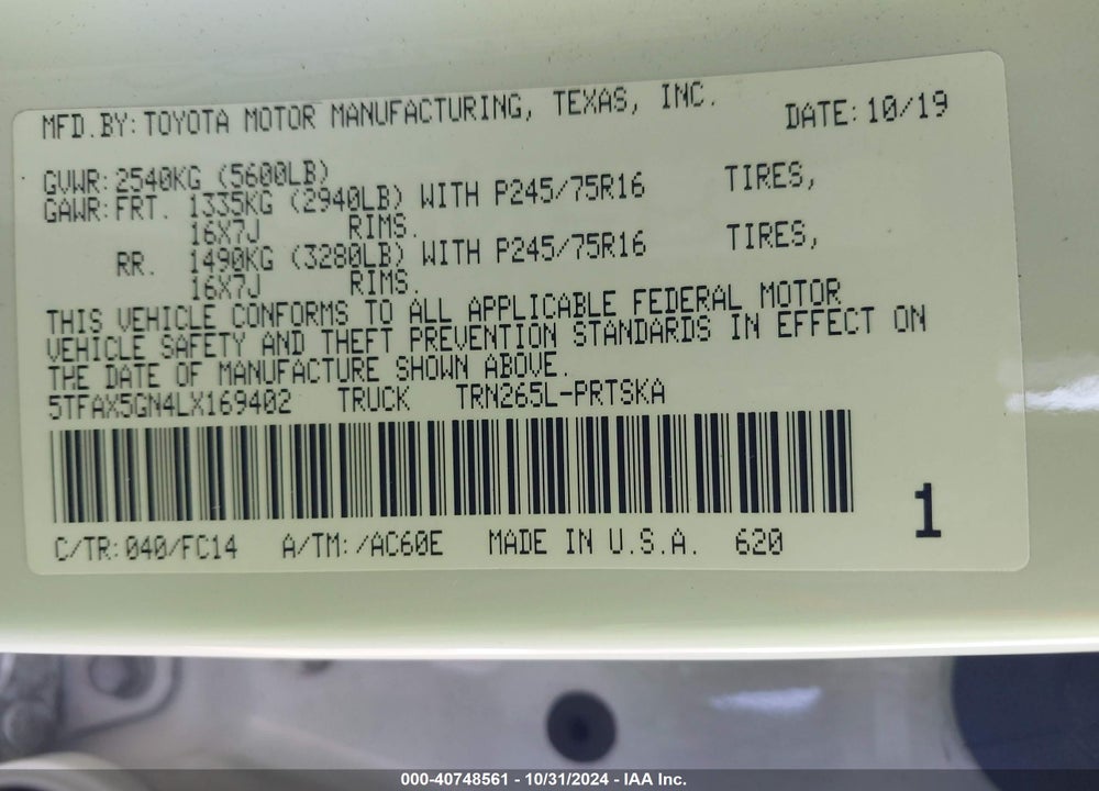 2020 TOYOTA TACOMA SR5 VIN: 5TFAX5GN4LX169402