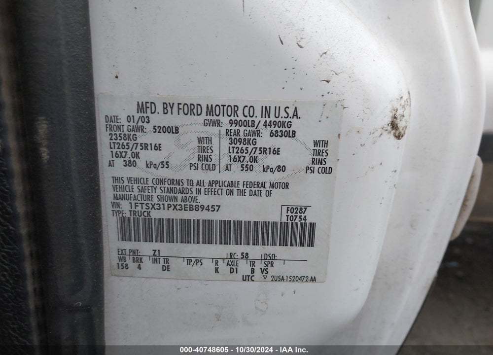 2003 FORD F-350 LARIAT/XL/XLT VIN: 1FTSX31PX3EB89457