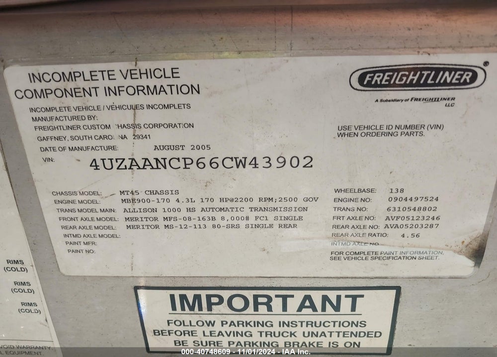 2006 FREIGHTLINER MT45 M LINE WALK-IN VAN VIN: 4UZAANCP66CW43902