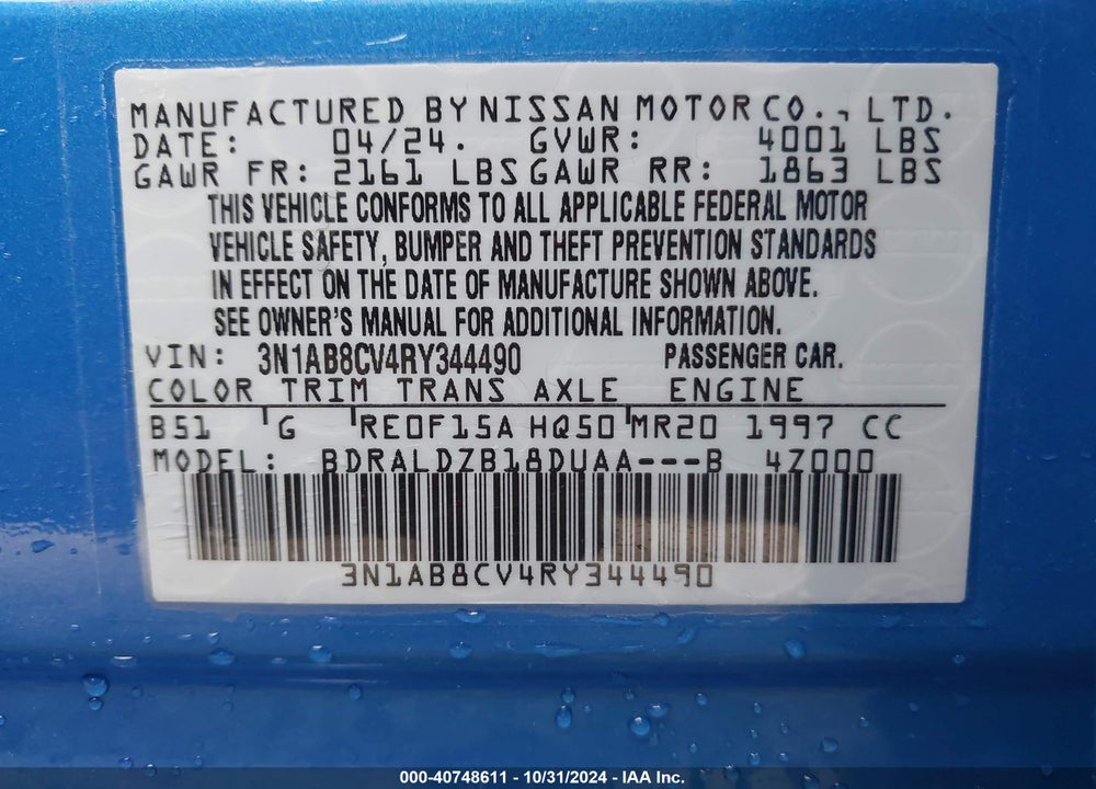2024 NISSAN SENTRA SV XTRONIC CVT VIN: 3N1AB8CV4RY344490