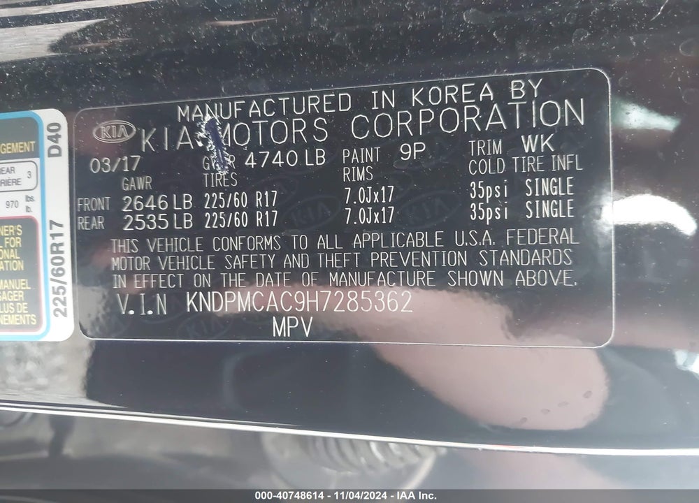 2017 KIA SPORTAGE LX VIN: KNDPMCAC9H7285362