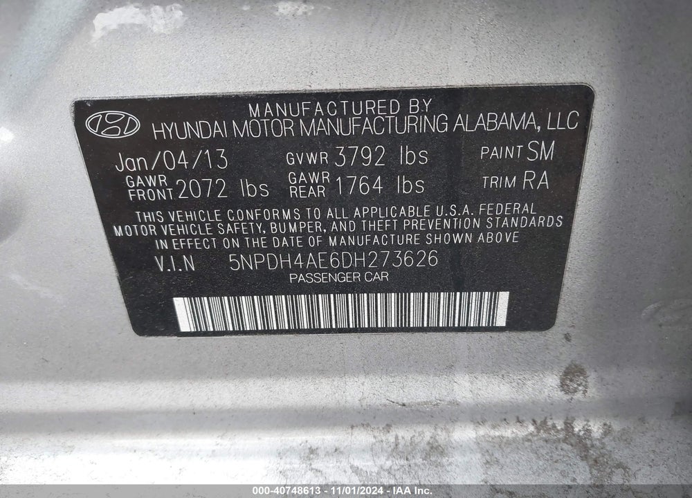2013 HYUNDAI ELANTRA GLS VIN: 5NPDH4AE6DH273626