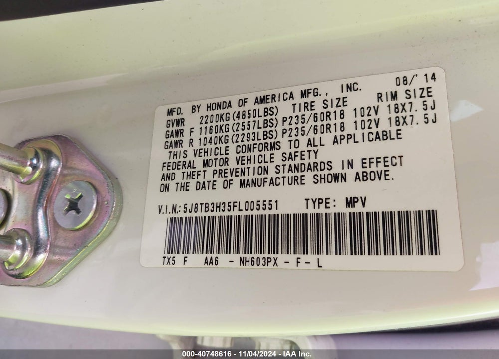 2015 ACURA RDX VIN: 5J8TB3H35FL005551